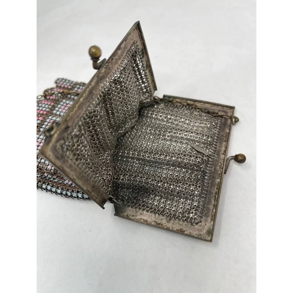 Whiting Davis Flapper‎ Purse Chain Mail Metal Mesh Pink Blue Handbag 1920s